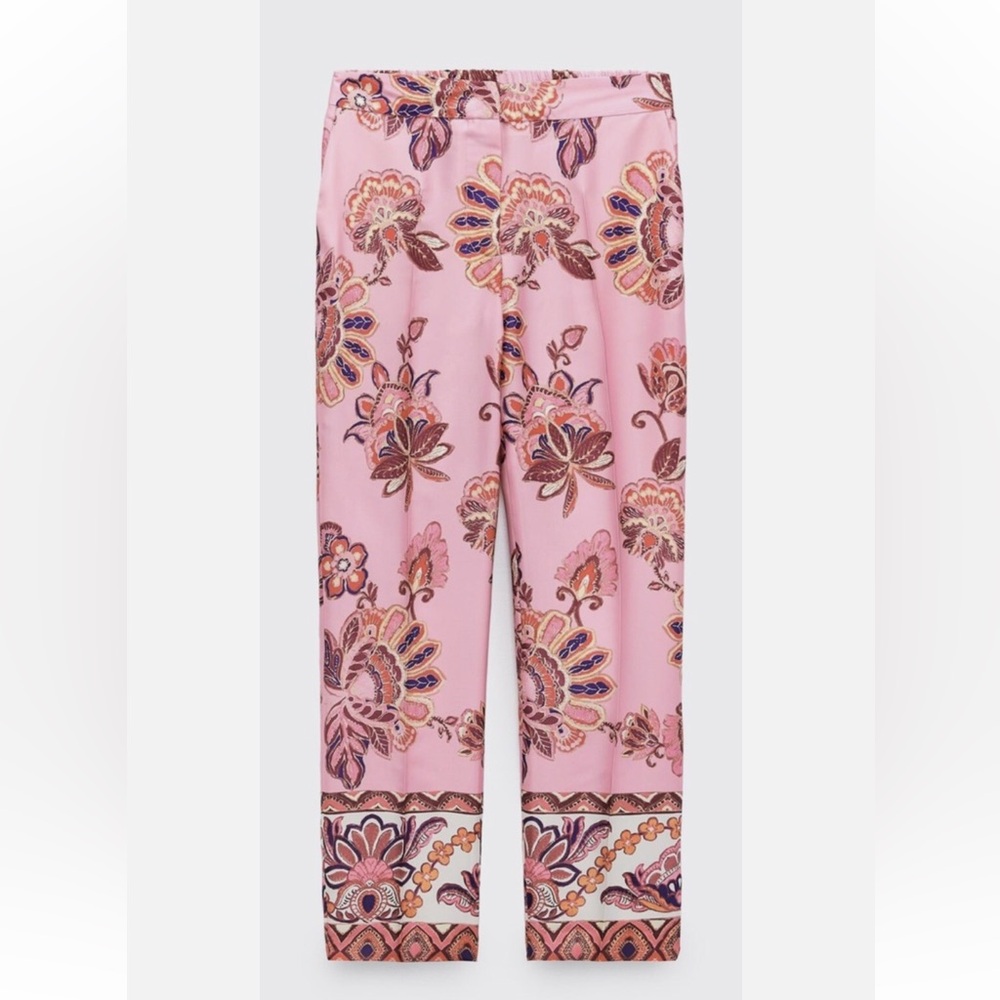 Zara Vibrant Pink Floral Satin Ankle Length Pants Size Small - Picture 4 of 9